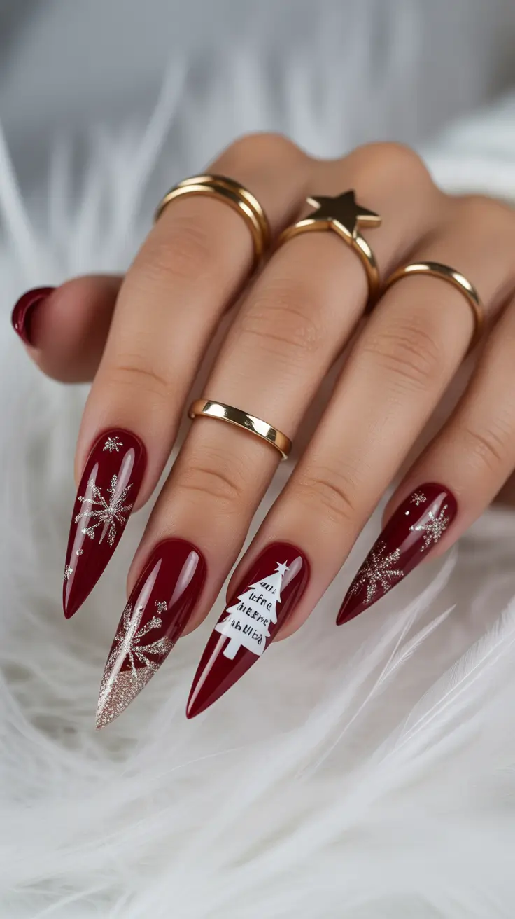 winter holiday nails Burgundy Nights and Sparkling Lights