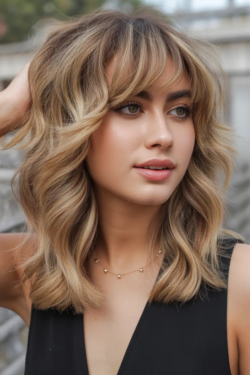 winter medium haircut Honey Blonde Shag with Bangs