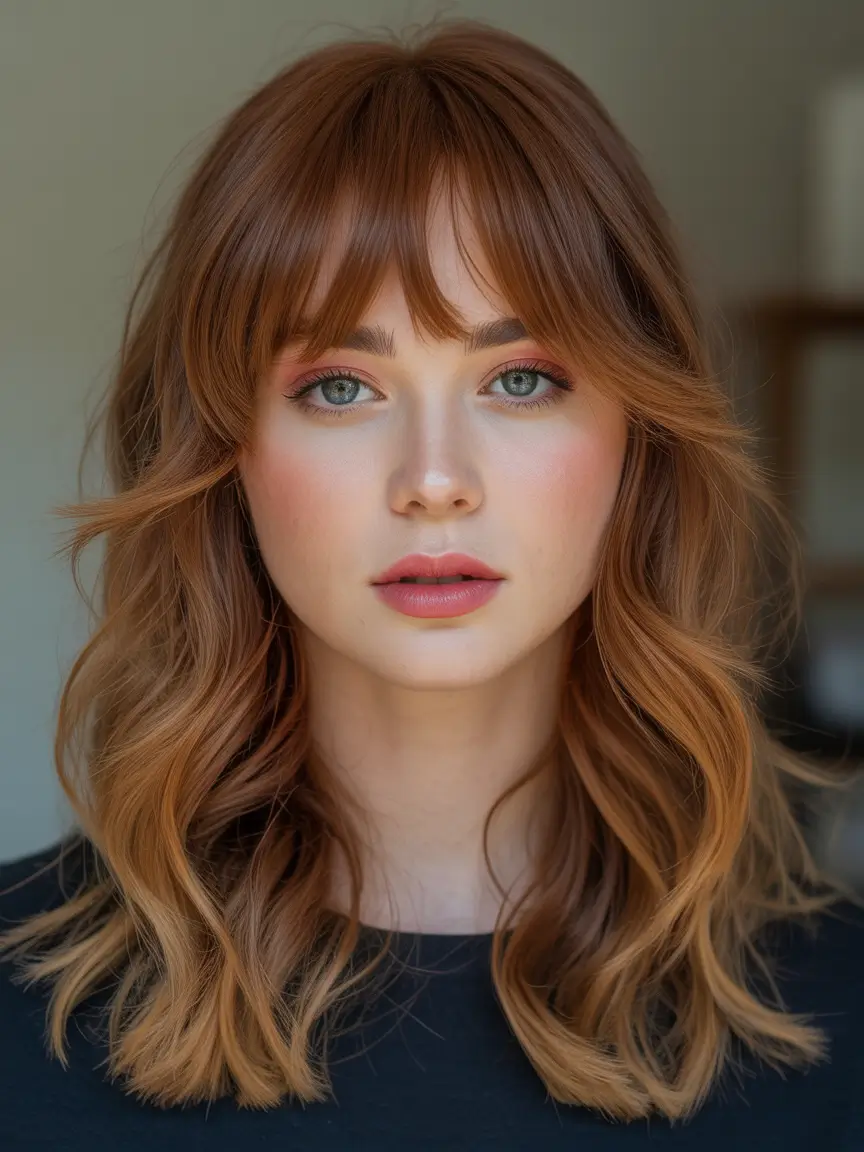 winter medium haircut Copper Layers with French Bangs