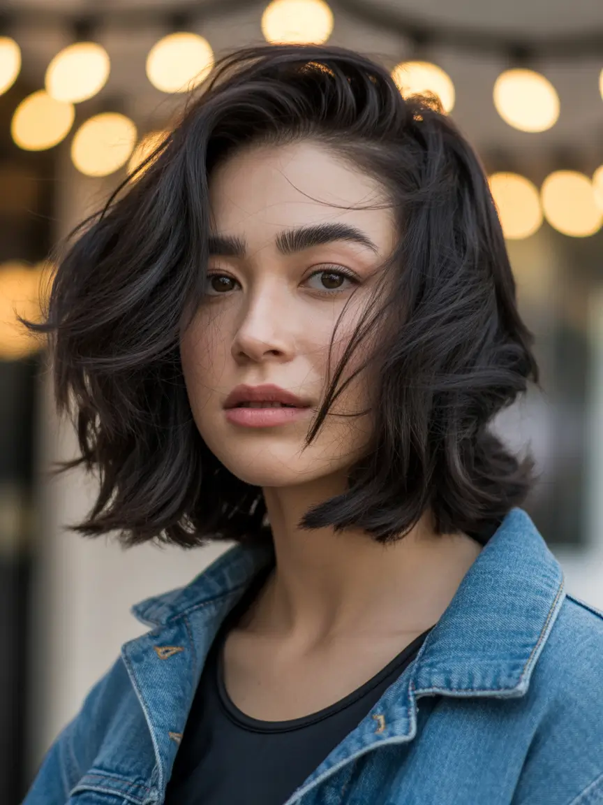 winter medium haircut Textured Brunette Bob with Volume