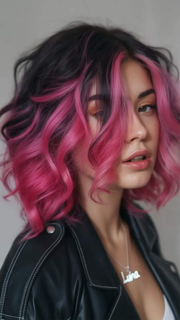 winter medium haircut Hot Pink and Black Color Melt