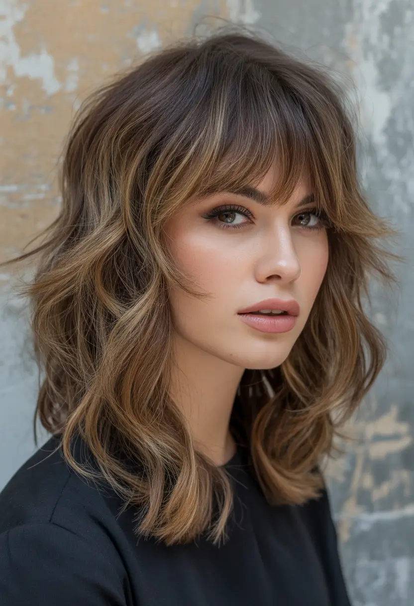winter medium haircut Warm Brunette with Textured Bangs
