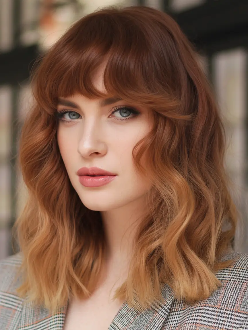 winter medium haircut Copper Waves with Soft Bangs