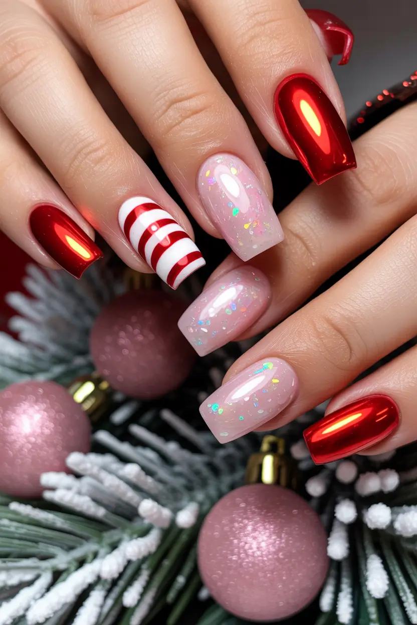 winter nail art ideas Peppermint Red Glam