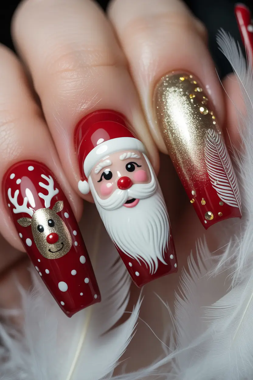 winter nail art ideas Santa & Reindeer 3D Glam