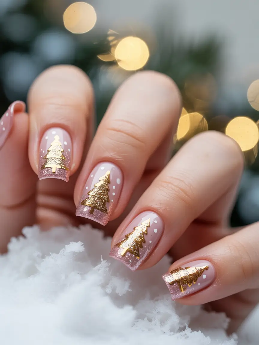 winter nail art ideas Golden Fir Tree Magic