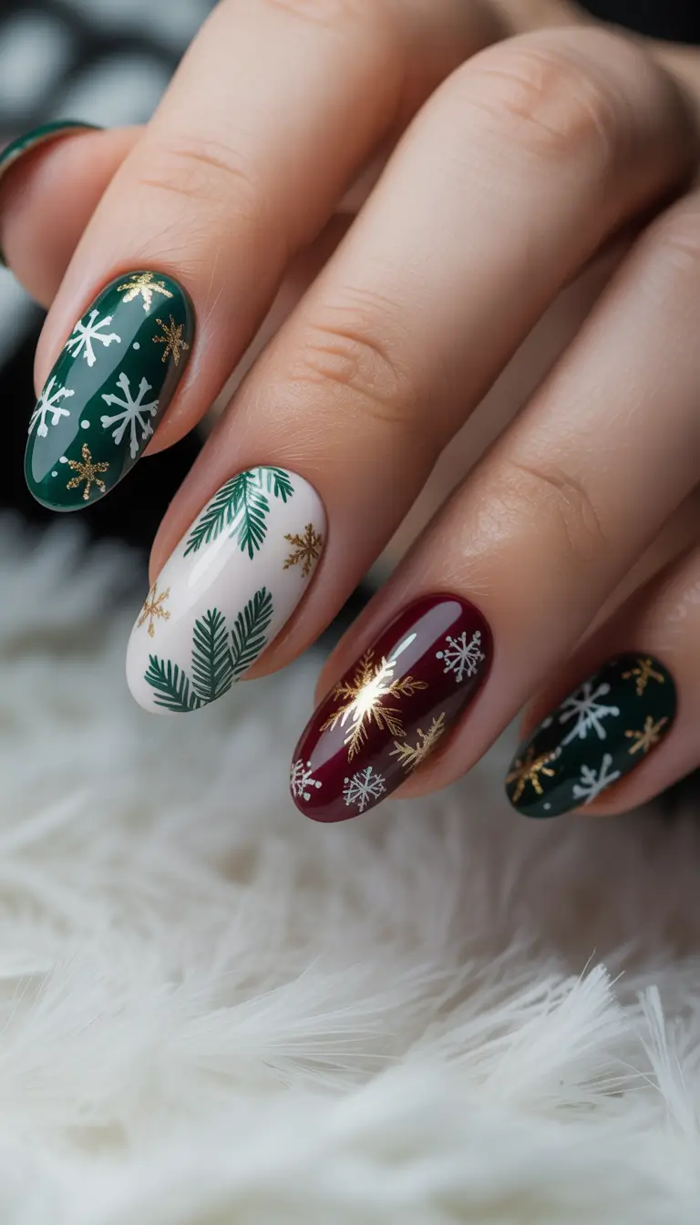 winter nail art ideas Golden Snowflakes & Evergreen Glam