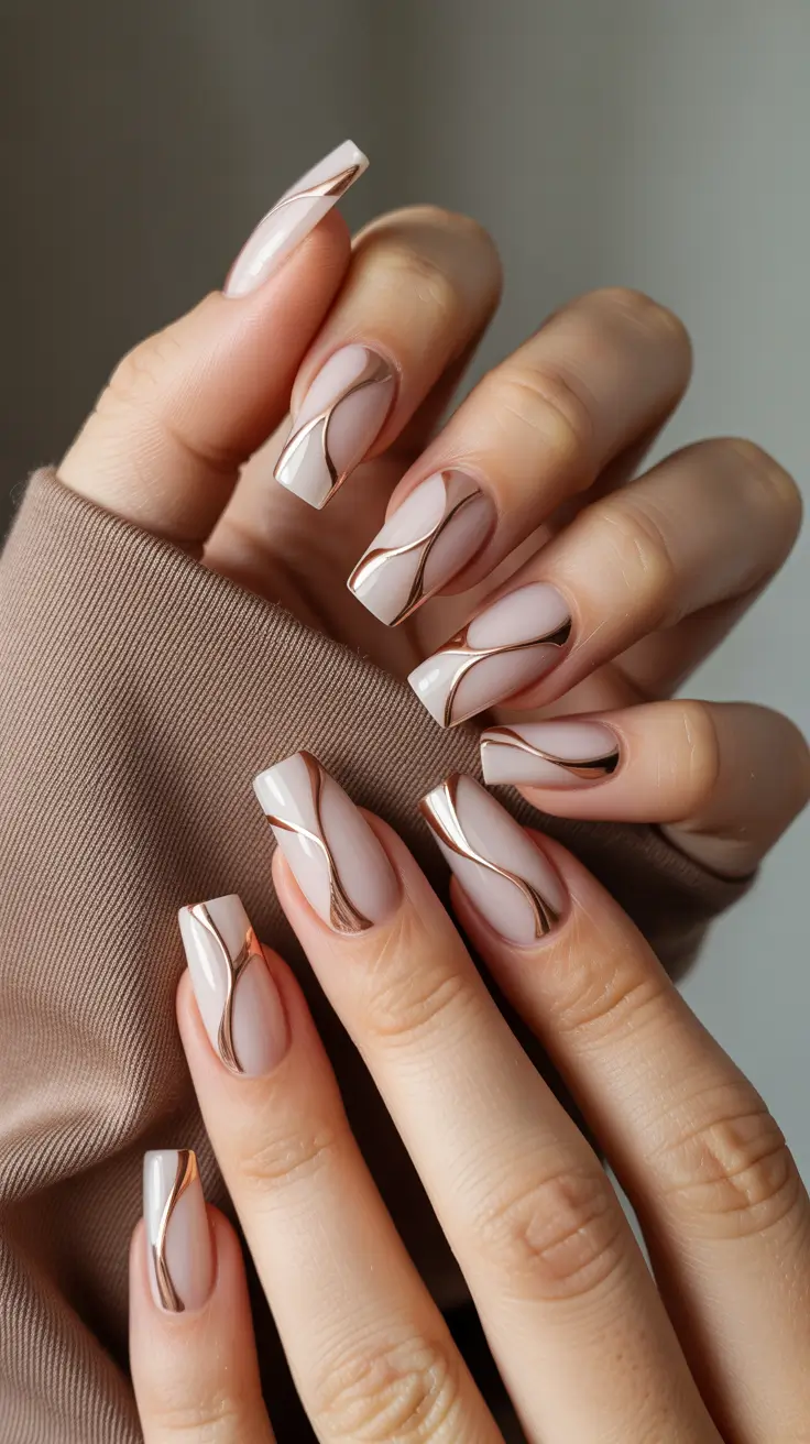 winter nail art ideas Golden Nude Swirl Elegance