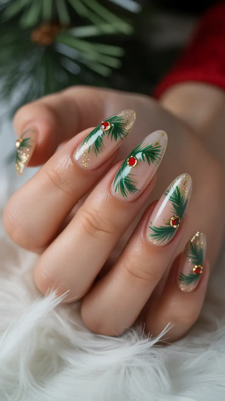 winter nail art ideas Evergreen Elegance with a Touch of Gold