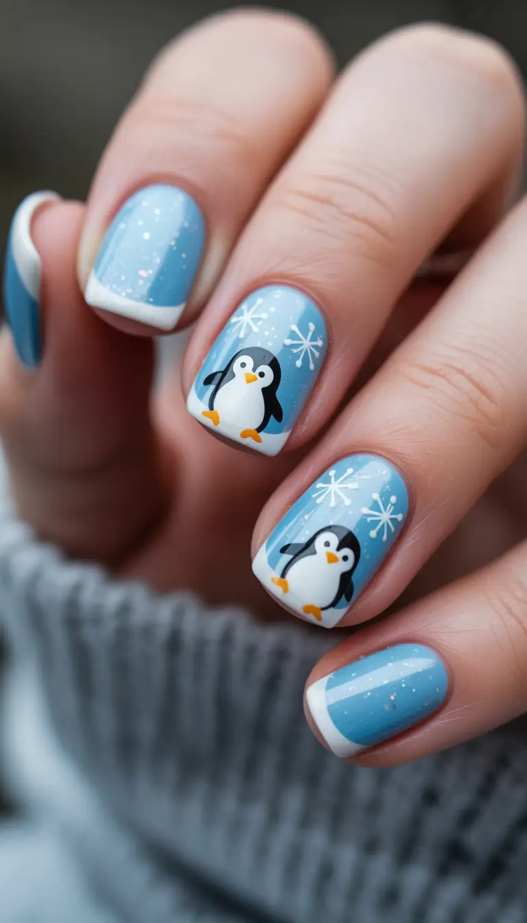 winter nail art ideas Playful Penguins on Ice