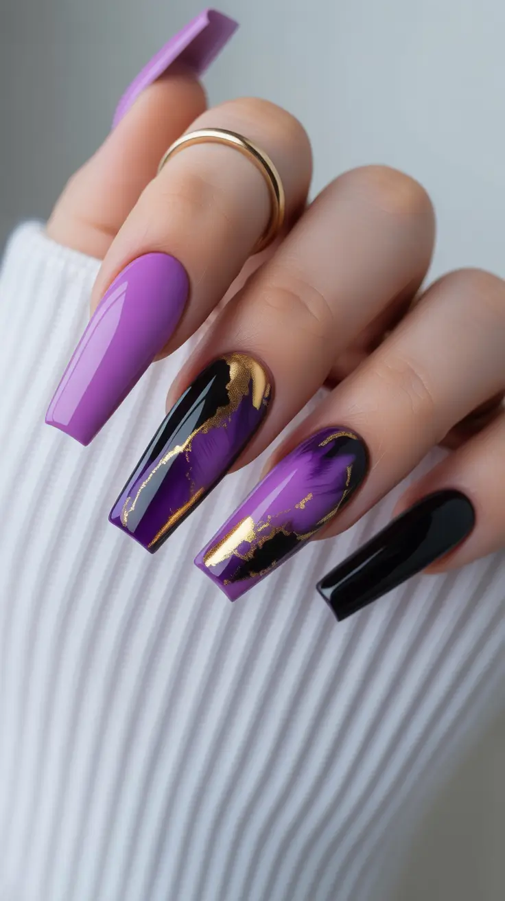 winter nails design and color Violet Gold Marble Drama