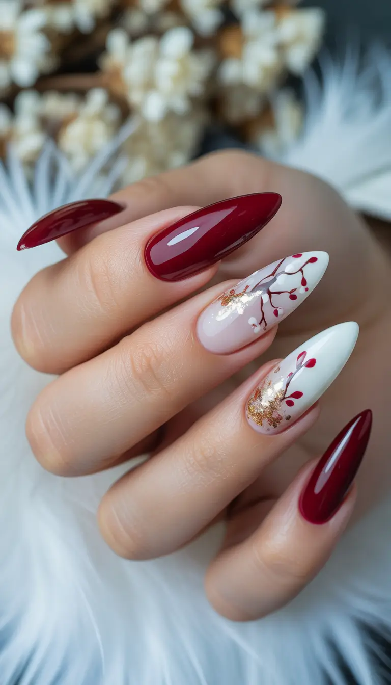 winter nails design and color Crimson Frost with Golden Branches