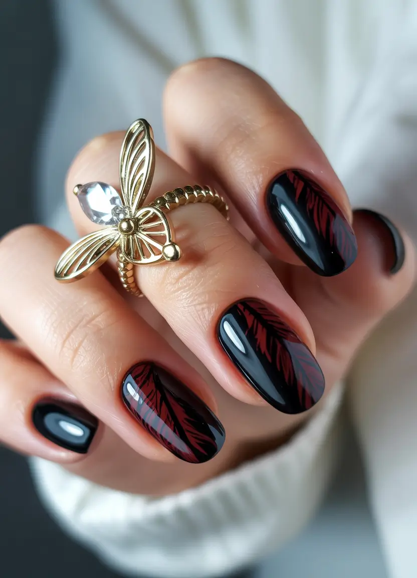 winter nails design and color Velvet Midnight with Crimson Feathers