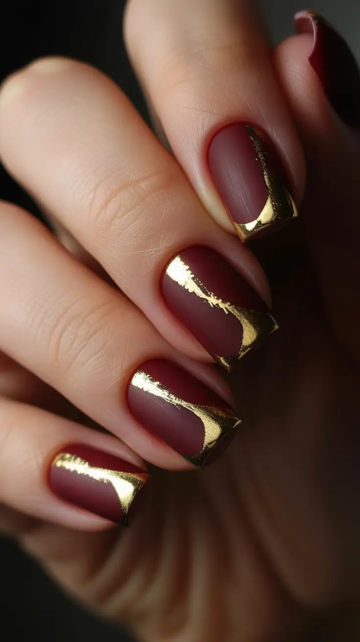 winter nails design and color Matte Burgundy with Golden Tips