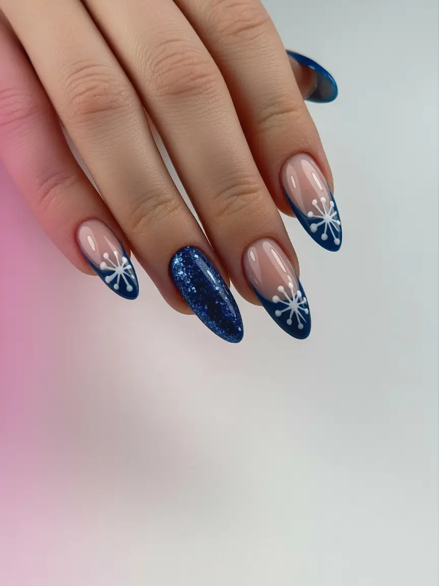 winter nails design and color Frosty Blue French with Snowflake Art