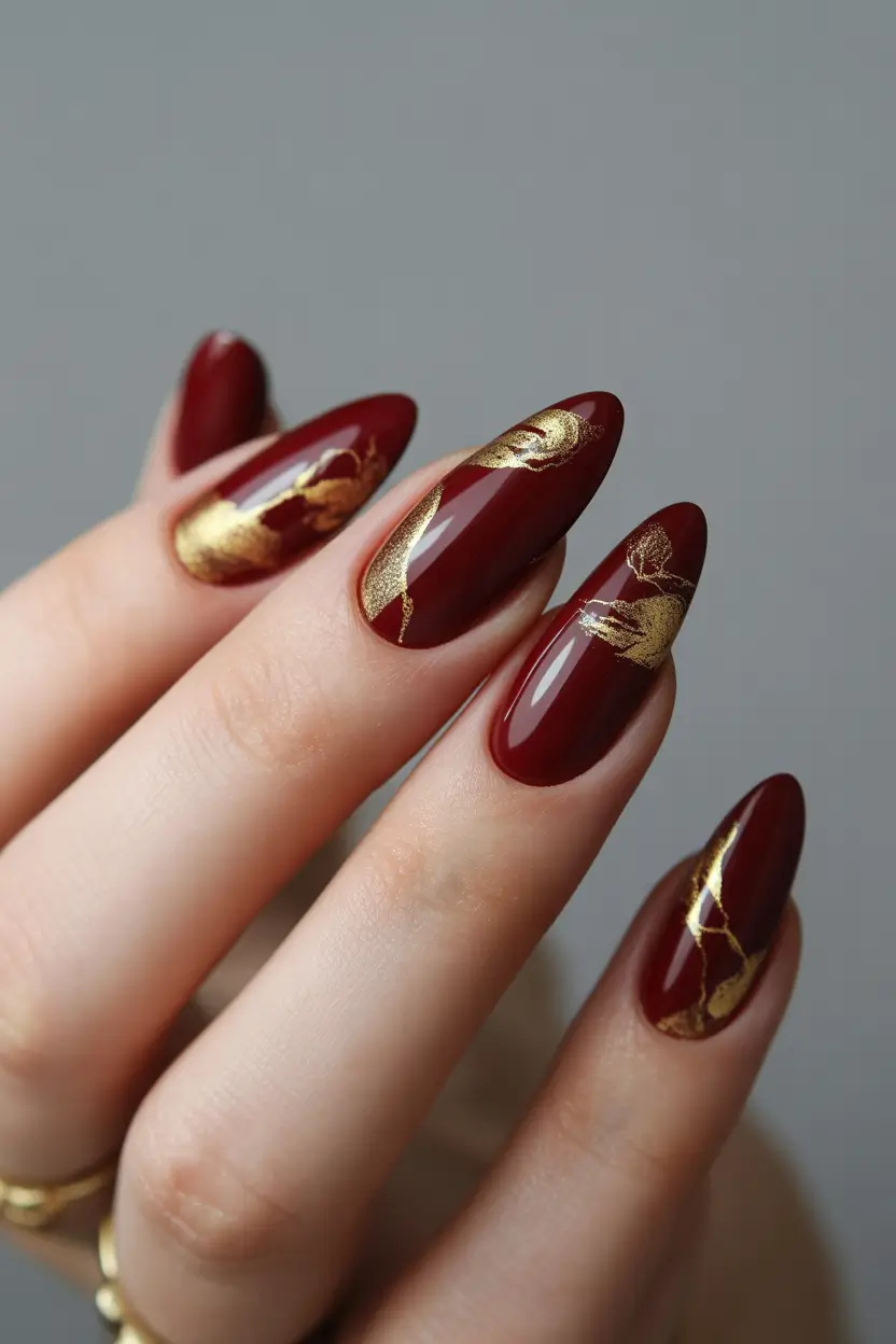 winter nails ideas Golden Garnet Glamour