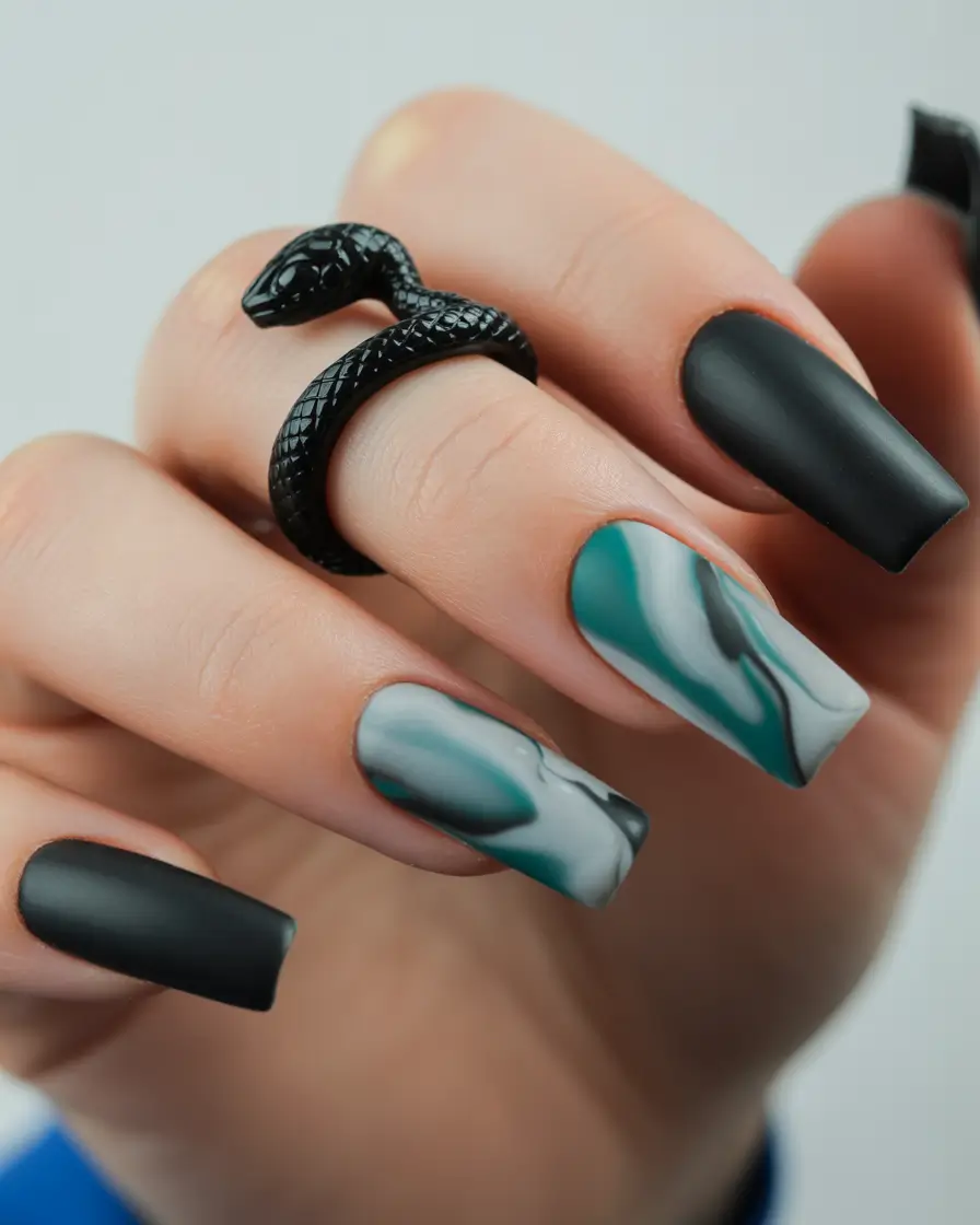 winter nails ideas Matte Black Marble Mood