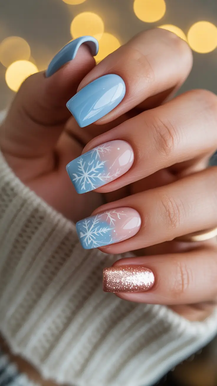 winter nails ideas Frosted Blue Snowflakes