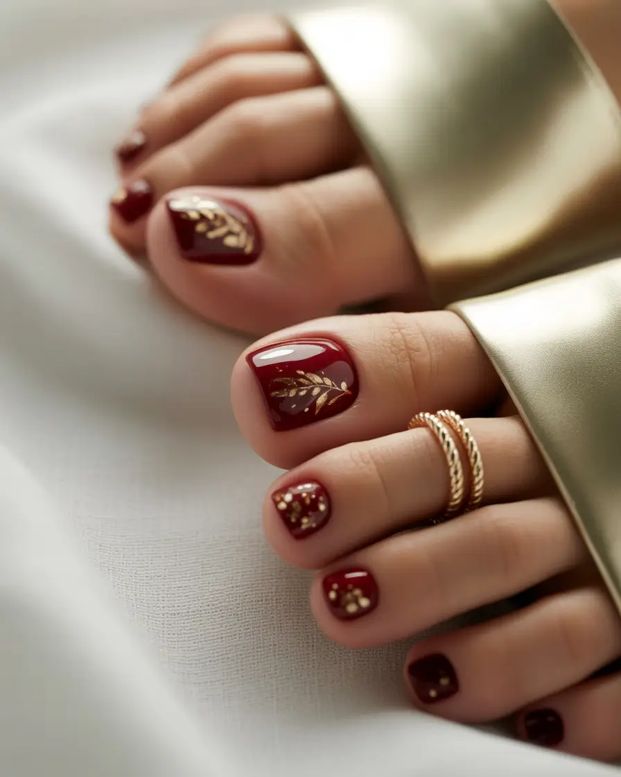 Winter Nails Toe Golden Leaves & Burgundy Dreams