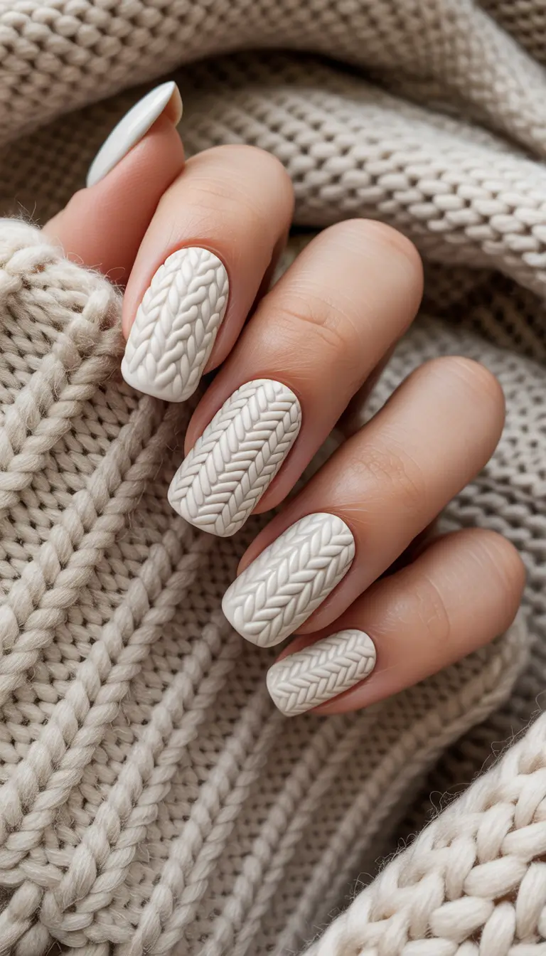 Winter sweater nails ideas 2025 2026 Soft Beige Sweater Nails