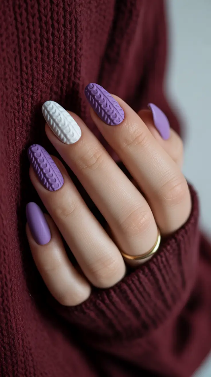 Winter sweater nails ideas 2025 2026 Lavender and White Contrast Knit Nails