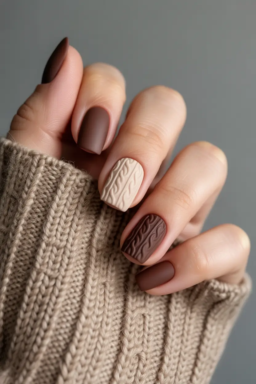 Winter sweater nails ideas 2025 2026 Mocha and Cream Comfort Nails