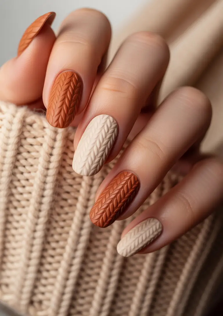 Winter sweater nails ideas 2025 2026 Cinnamon Latte Sweater Nails