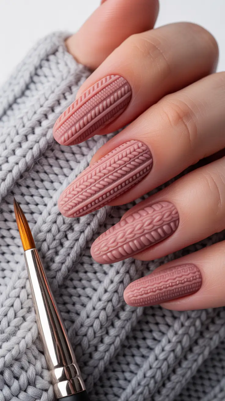 Winter sweater nails ideas 2025 2026 Blush Cable Texture