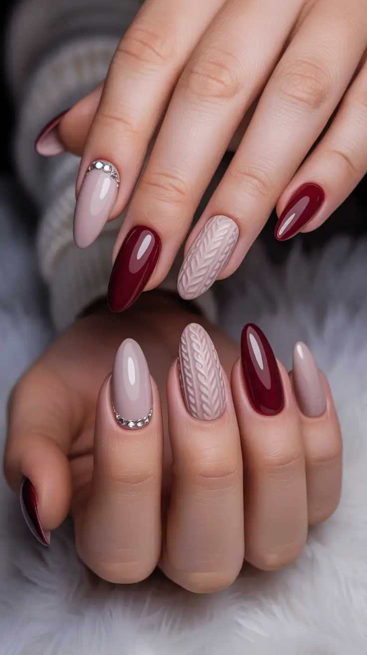 Winter sweater nails ideas 2025 2026 Garnet Elegance With Sweater Accent