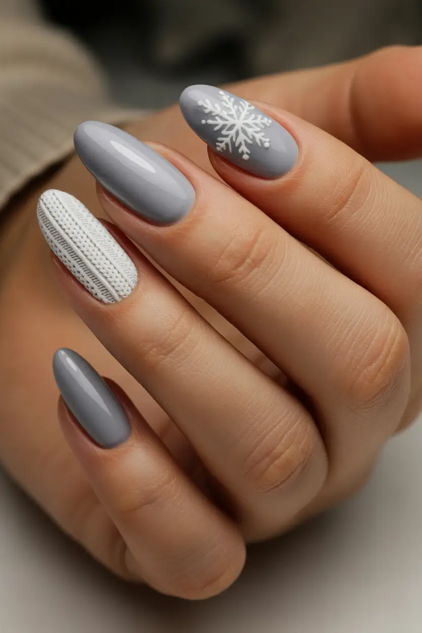 Winter sweater nails ideas 2025 2026 Frosted Gray and Snowflake Mix