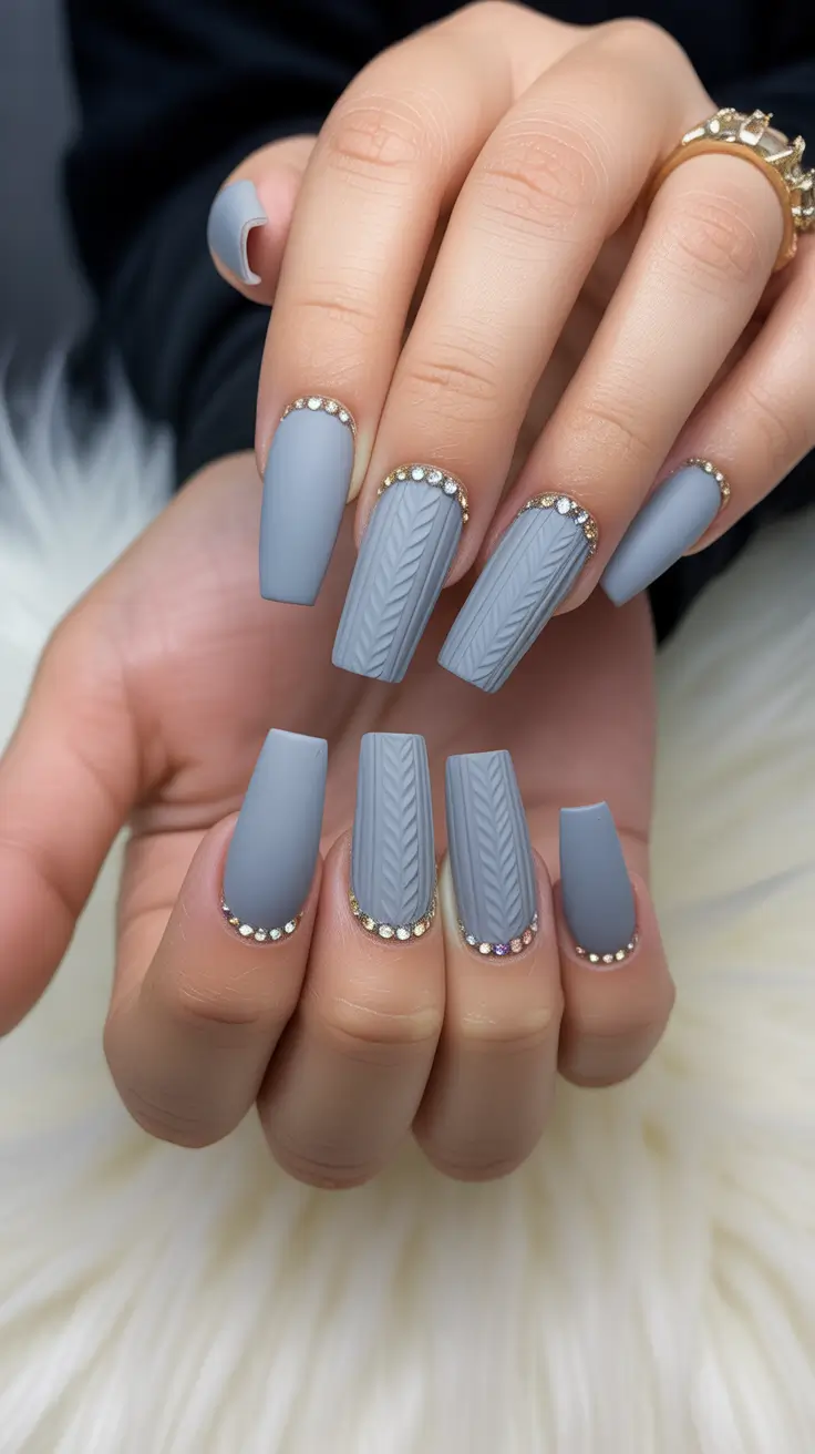 Winter sweater nails ideas 2025 2026 Gray Glam With Rhinestone Accents
