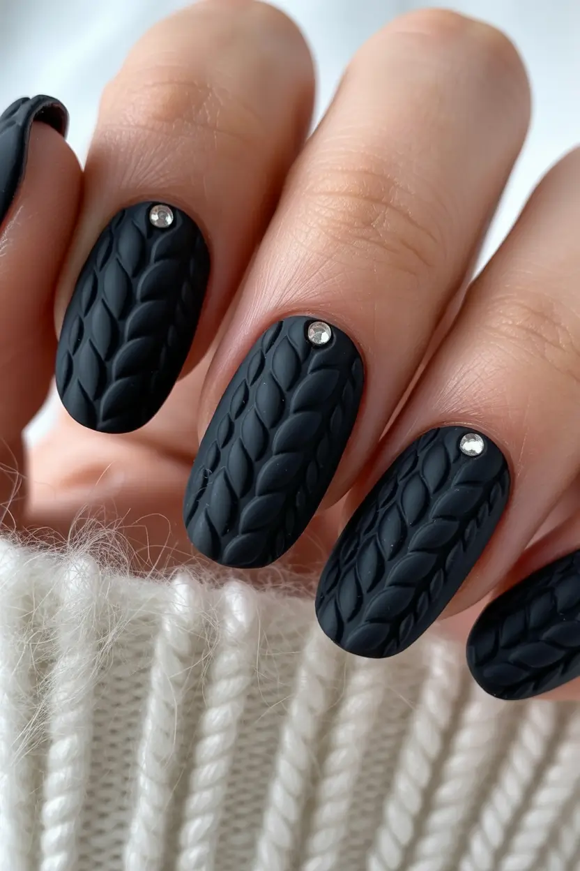 Winter sweater nails ideas 2025 2026 Matte Black Knit Nails With Crystals