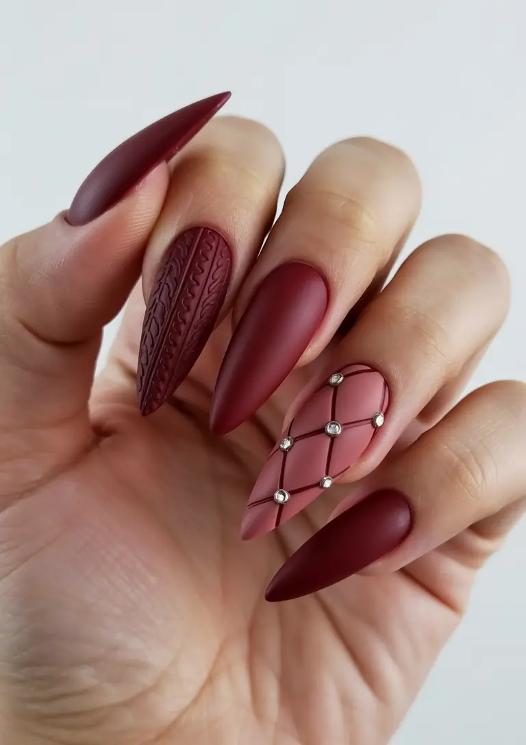 Winter sweater nails ideas 2025 2026 Burgundy Elegance With a Sweater Twist