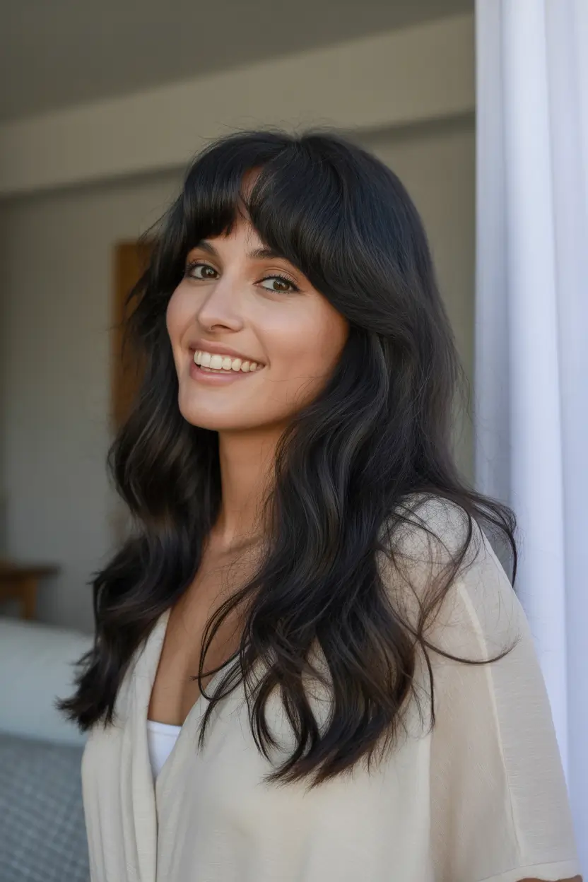 winter trending hair colors soft espresso waves with curtain bangs