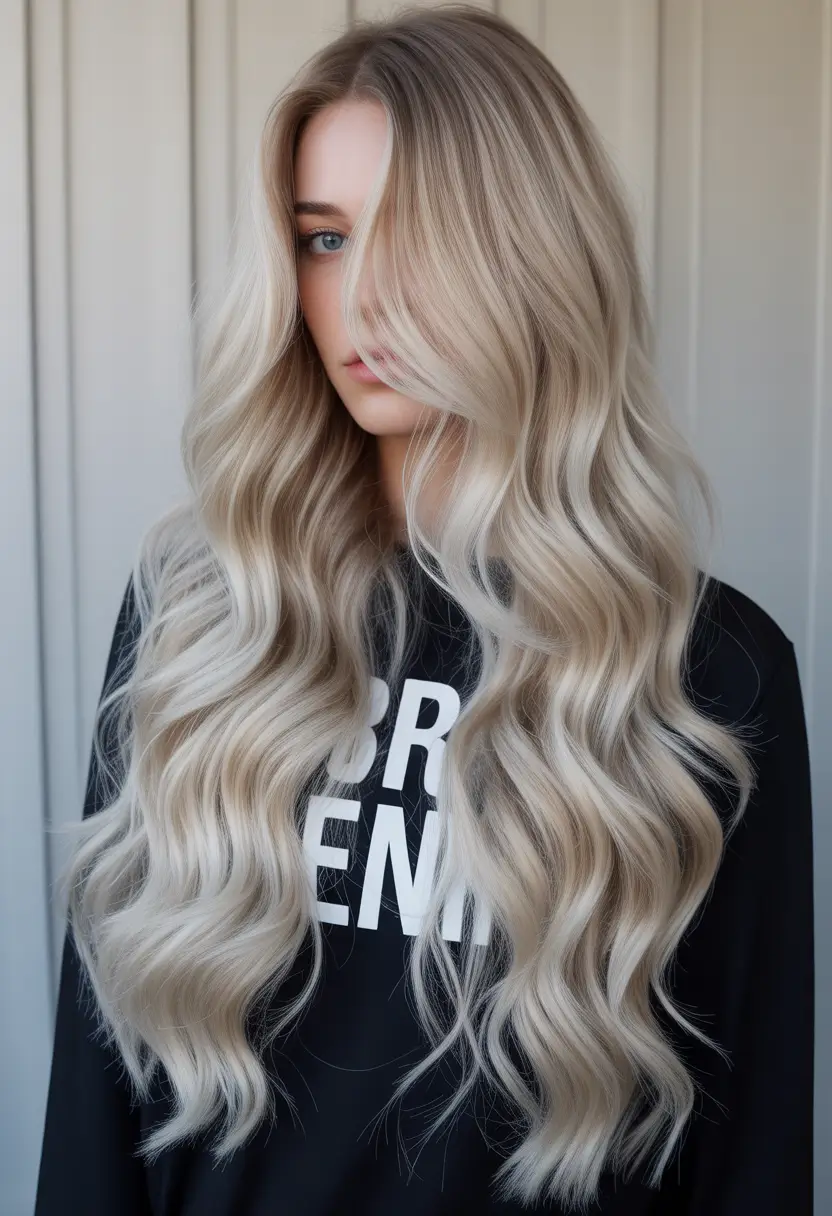 ash blonde hair color 2026 Long Cream-Ash Waves With Soft Shadow Root