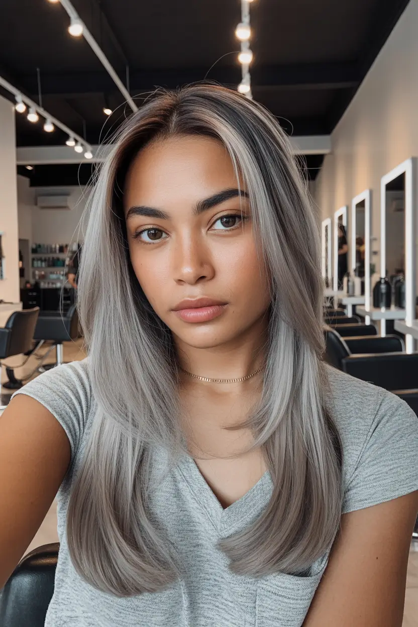 ash blonde hair color 2026 Shadowed Charcoal-Ash With Glossy Length