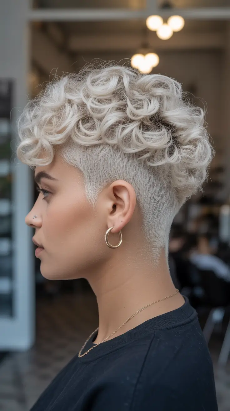 ash blonde hair color 2026 Pixie Curly Fade in Frosted Ash