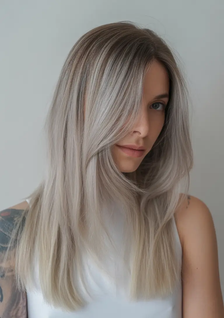 ash blonde hair color 2026 Linear Frost-Ash Layers With Sleek Movement