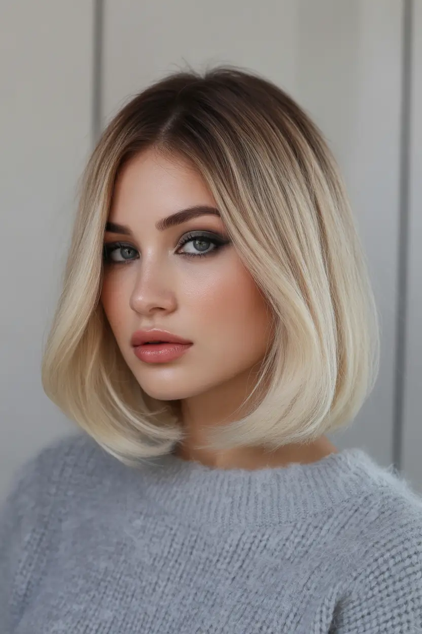 ash blonde hair color 2026 Rooted Ash Ombre Bob With Dimensional Ends
