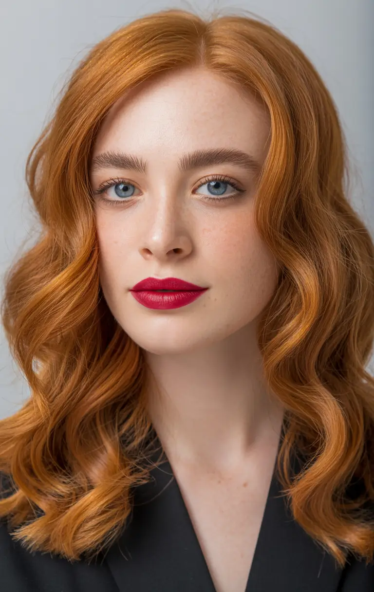 auburn hair color Soft Copper Waves With a Clean Center Part