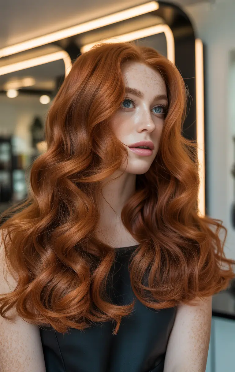 auburn hair color High-Gloss Copper Auburn With Full-Length Curls