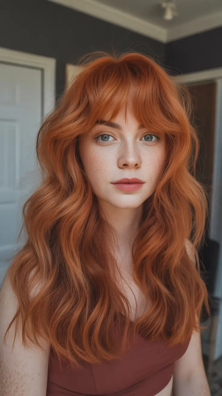 auburn hair color Bright Copper Auburn With Soft Fringe and Loose Texture