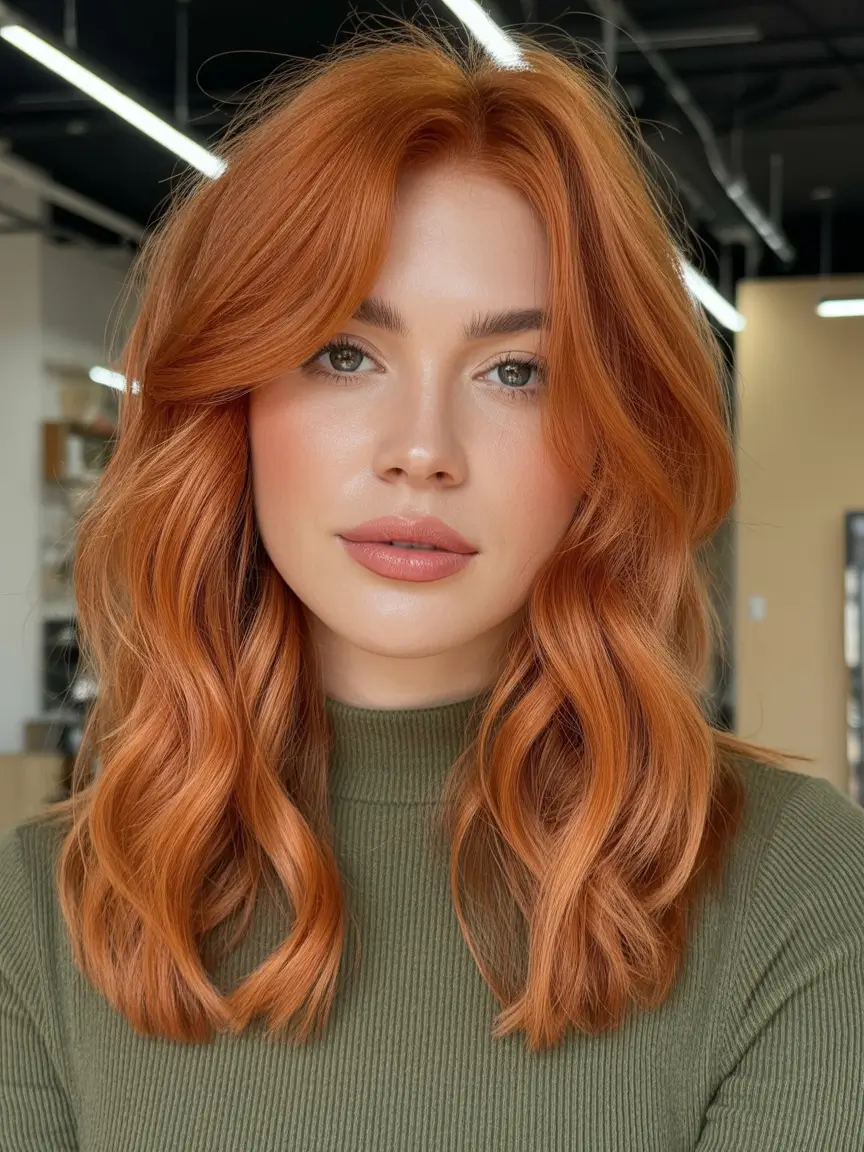 auburn hair color Medium Auburn Waves With Soft Curtain Volume