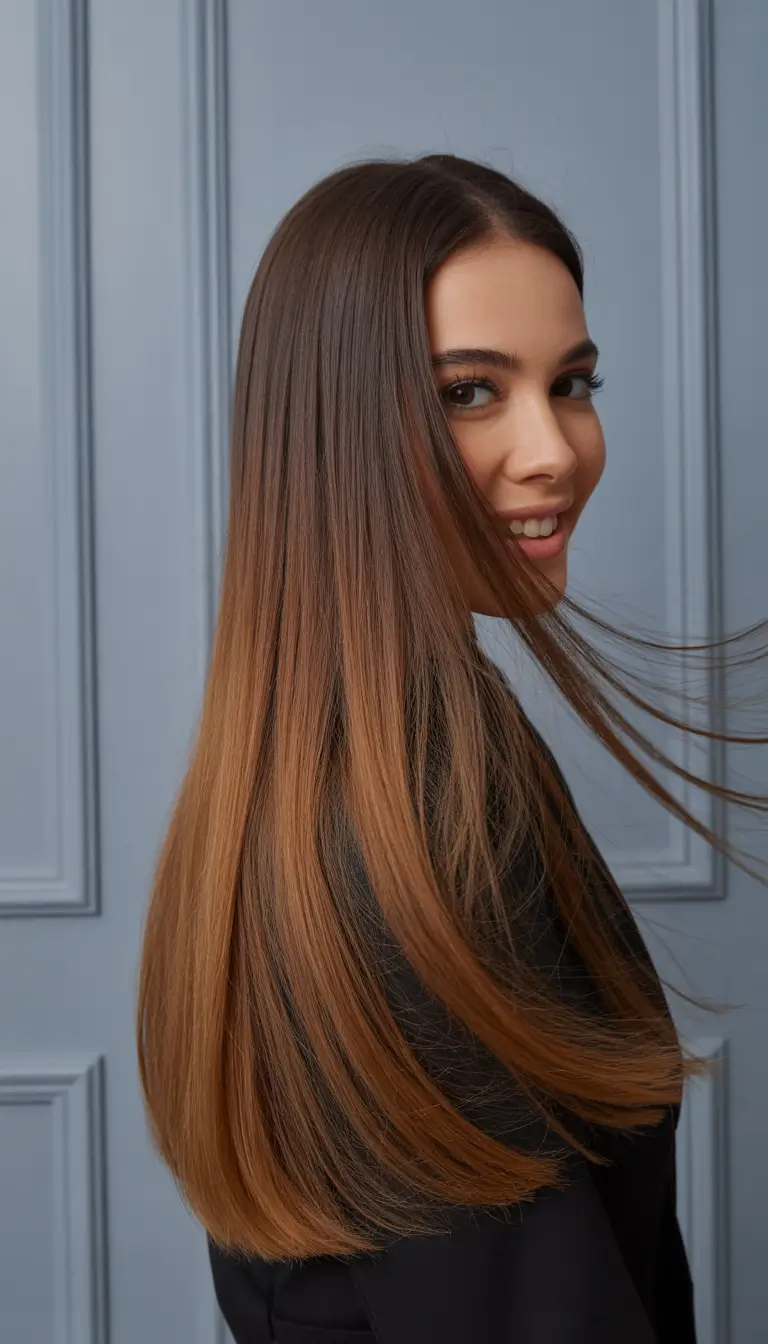 auburn hair color Dark-to-Copper Auburn Balayage With Sleek Length