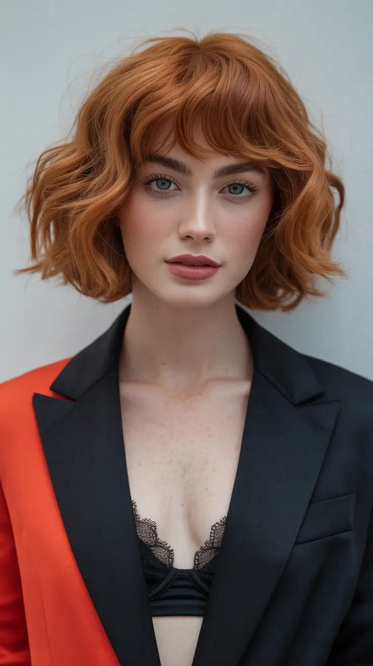 auburn hair color Short Copper Auburn Bob With Soft Curled Fringe