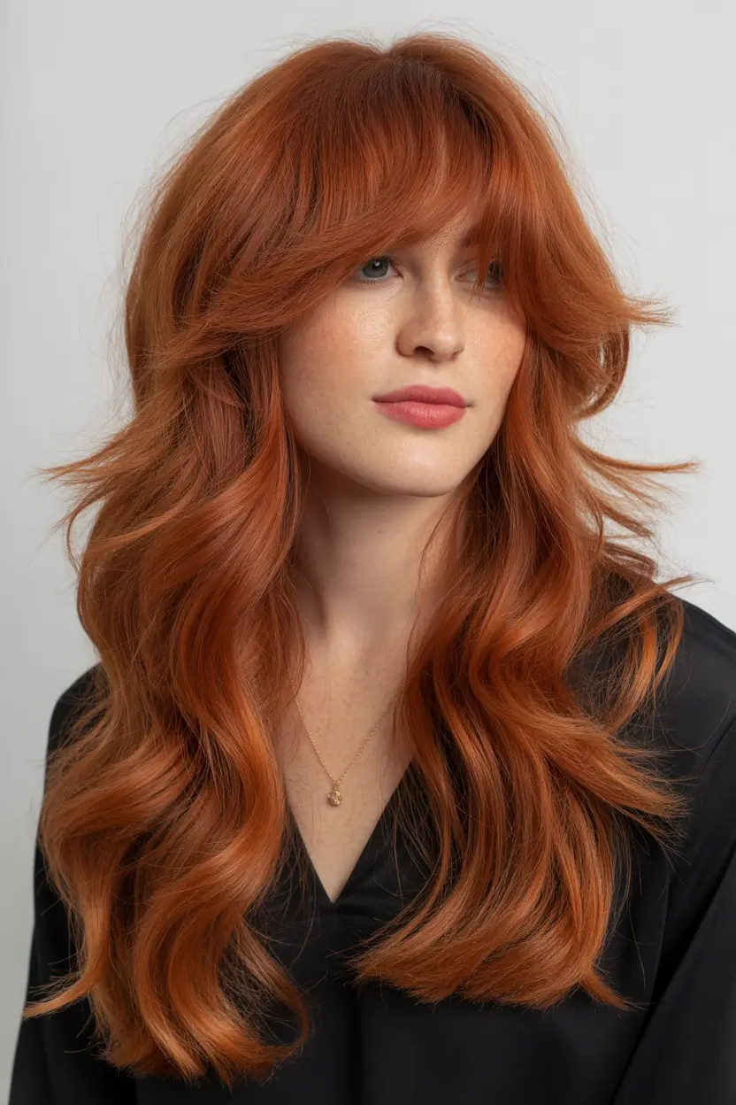auburn hair color Layered Auburn With Full Fringe and Rich Movement