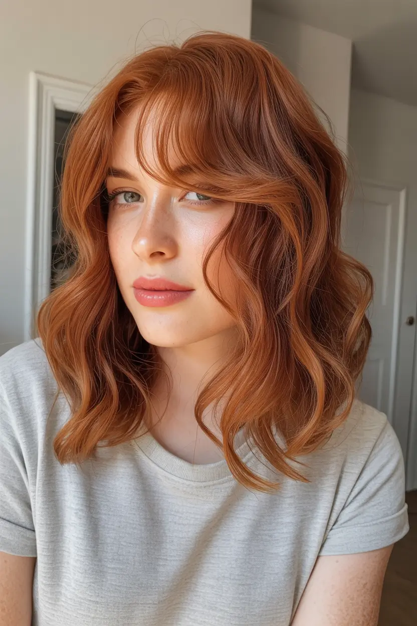 auburn hair color Medium Auburn Bob With Gentle Curtain Fringe