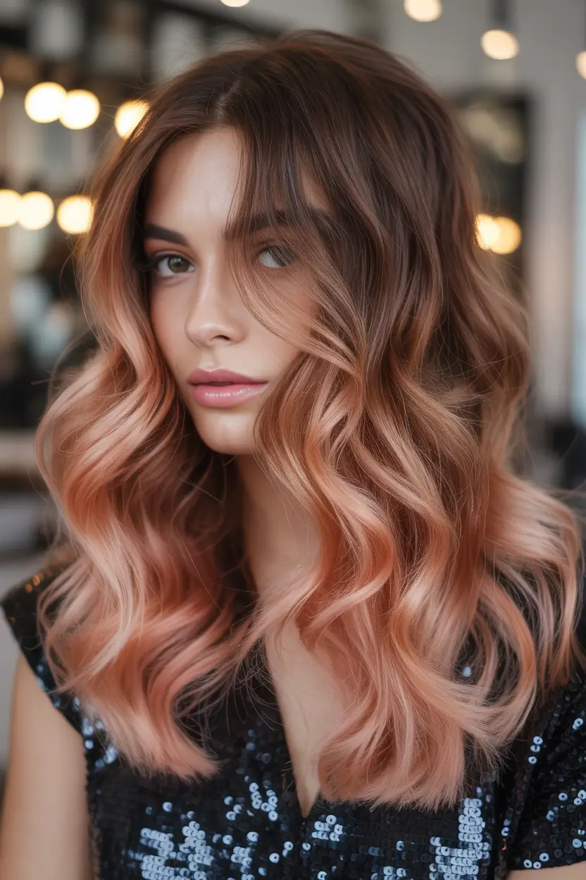 balayage hair color ideas Rosy Bronze Waves for a Soft Spring Glow