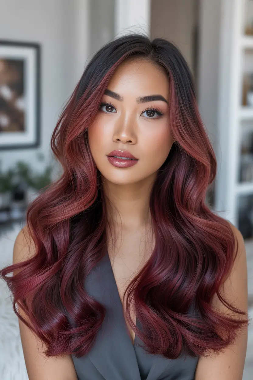 balayage hair color ideas Mulberry Balayage With Dimensional Burgundy Waves