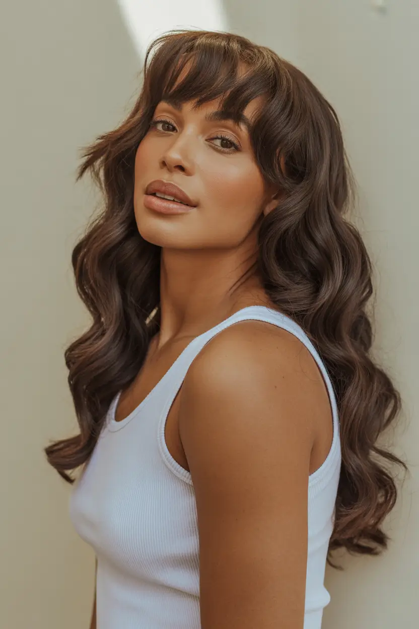 hair color for brown skin Glossy Chestnut Waves with Soft Fringe
